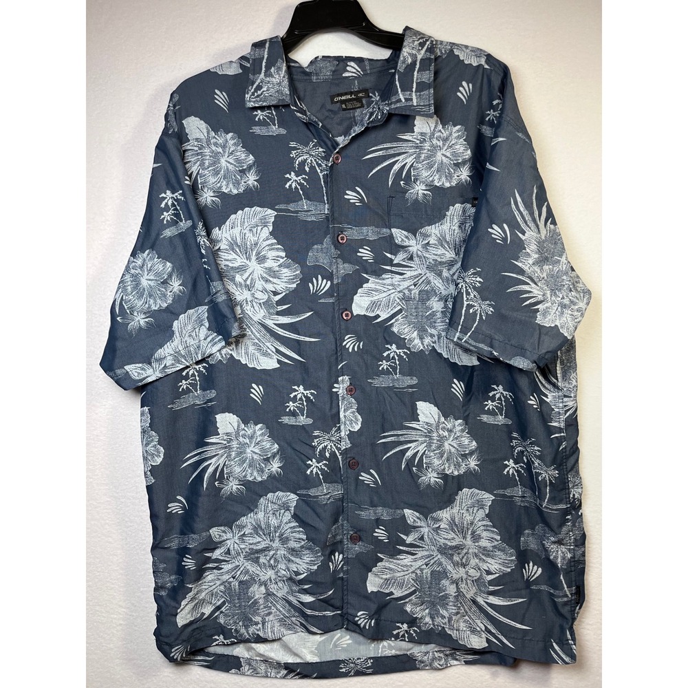 O'Neill Button Down Shirt Mens XL Blue Hawaiian  Tropical Floral Palm Tree Surf